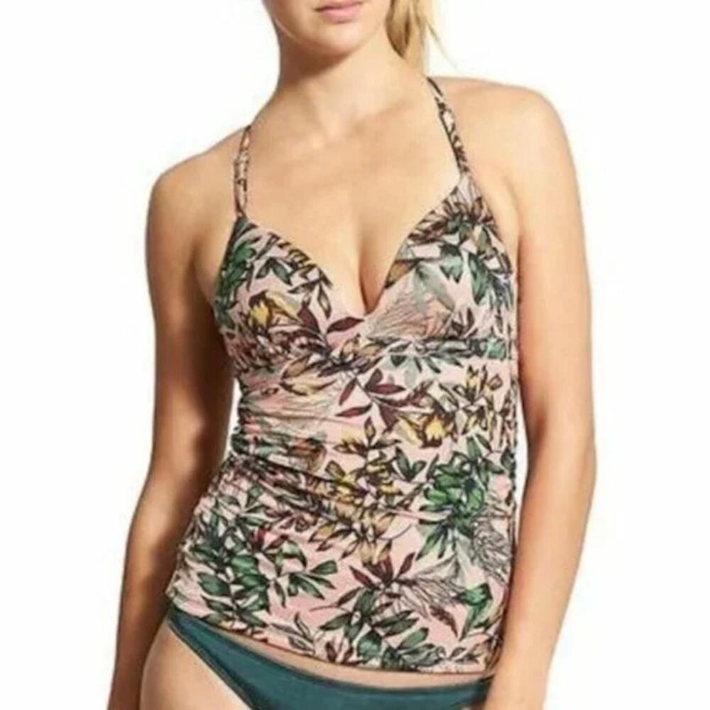 Athleta Aqualuxe Pink Tropical Botanical Print Molded Tankini Swimsuit Top
